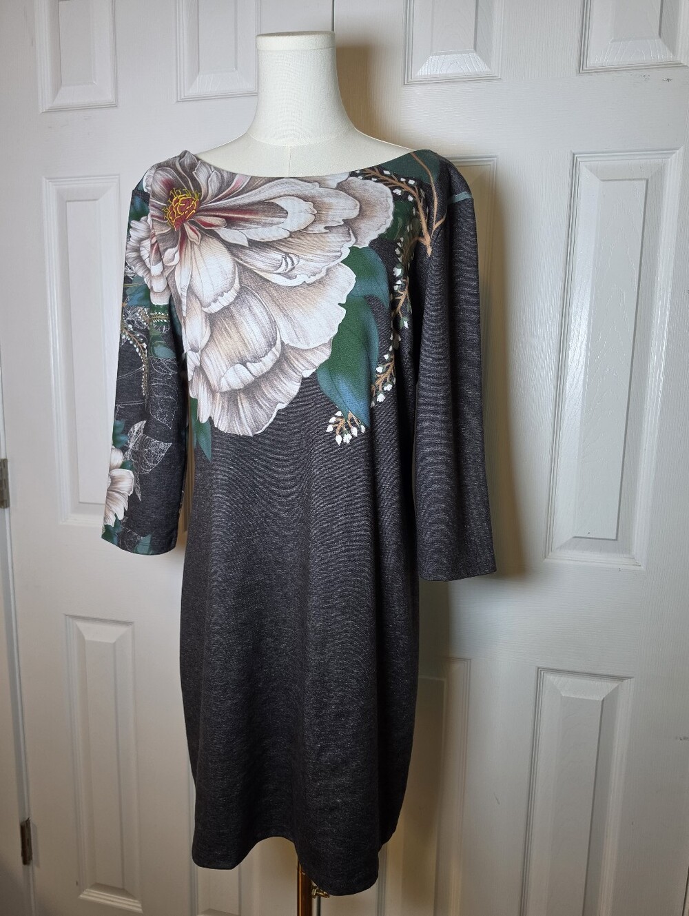 Desigual Boatneck Floral Dress Charcoal and Cream with Green Accents